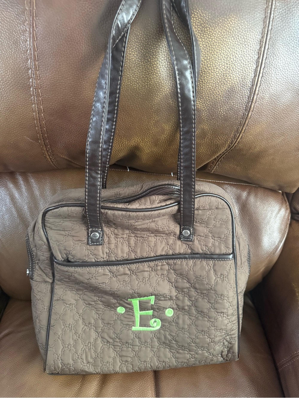 Thirty-One Quilted Brown Shoulder Bag Tote w/ Lime Green “E”